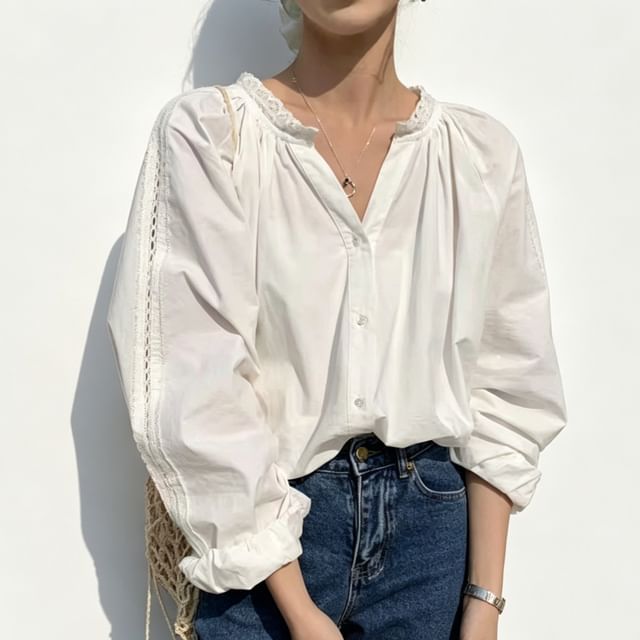 MIKIGA-Long-Sleeve V-Neck Plain Button Up Blouse