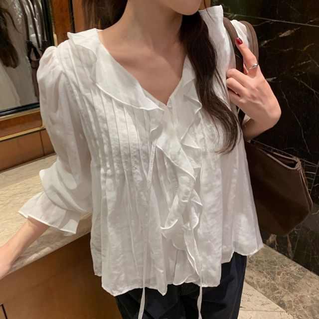 MIKIGA-Long Sleeve V-Neck Plain Ruffle Blouse