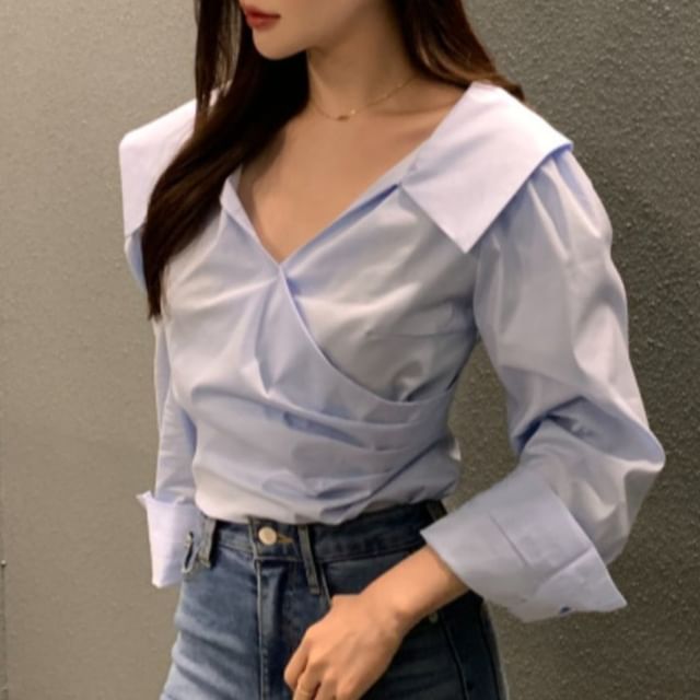 MIKIGA-Long-Sleeve V-Neck Plain Shirt