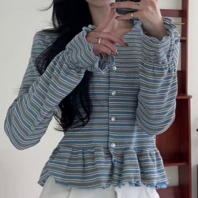 MIKIGA-Long-Sleeve V-Neck Striped Button-Up Peplum Blouse