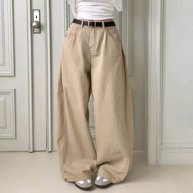 MIKIGA-Mid Waist Plain Wide Leg Pants