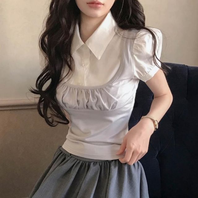 MIKIGA-Mock Two-Piece Puff-Sleeve Collared Two Tone Ruched Blouse