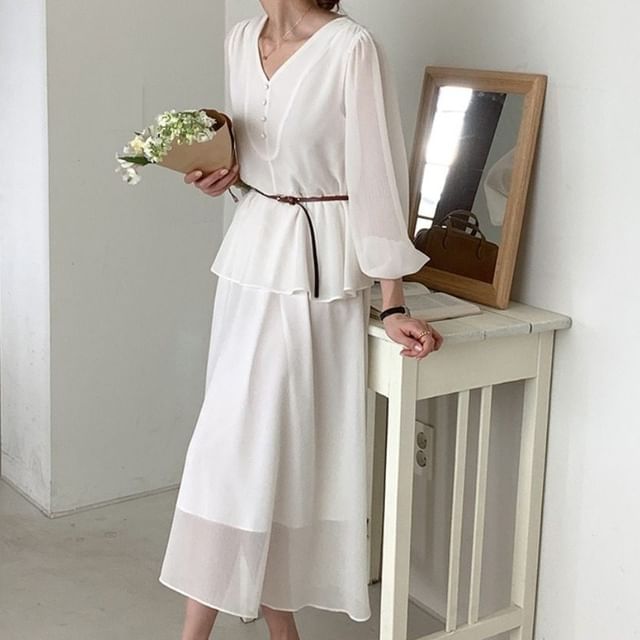 MIKIGA-Mock Two-Piece Puff-Sleeve V-Neck Plain Button-Up Ruffled Midi A-Line Dress