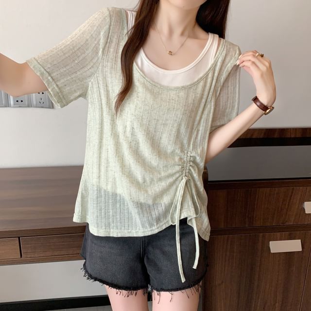MIKIGA-Mock Two-Piece Short-Sleeve Two Tone Top