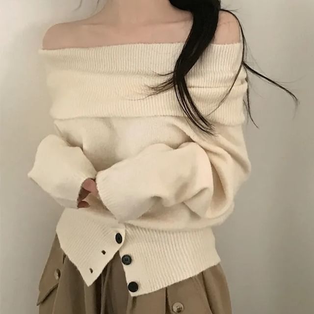 MIKIGA-Off Shoulder Button Slit Sweater