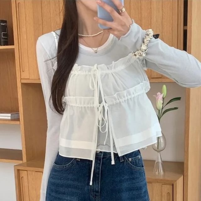 MIKIGA-Plain Ruffled Tie-Front Camisole Top