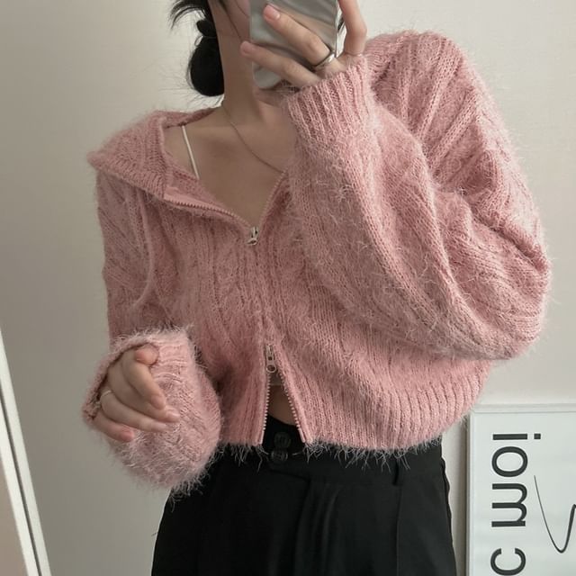 MIKIGA-Plain Zip-Up Cable Knit Crop Hoodie