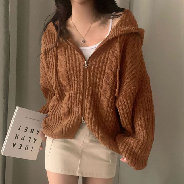MIKIGA-Plain Zip-Up Cable Knit Hoodie