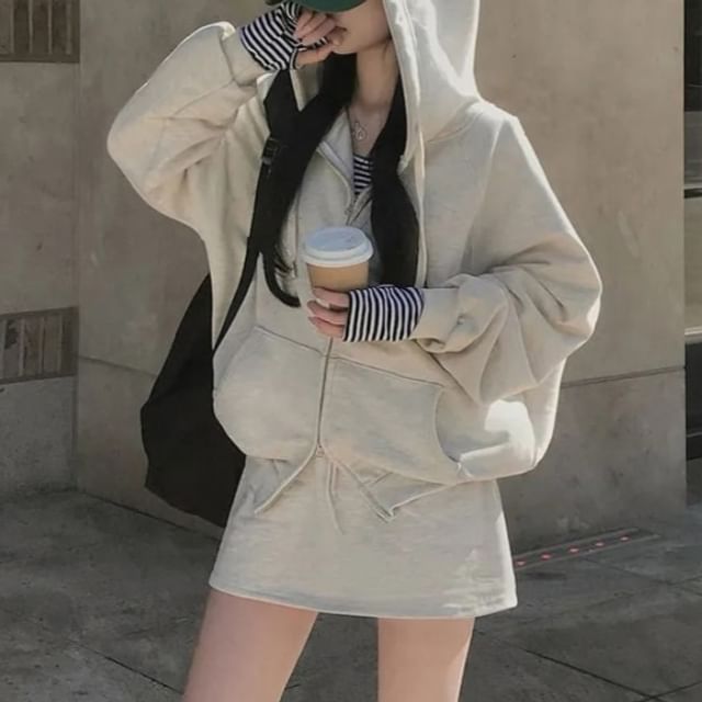 MIKIGA-Plain Zip-Up Hoodie