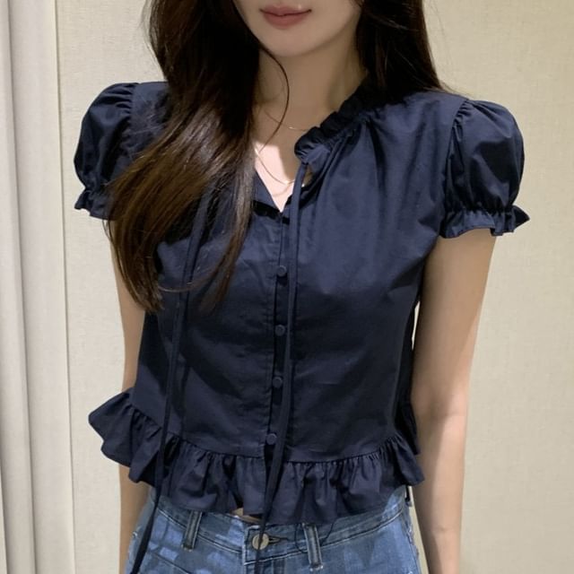 MIKIGA-Puff-Sleeve Crew Neck Ruffle Hem Button-Up Plain Crop Blouse