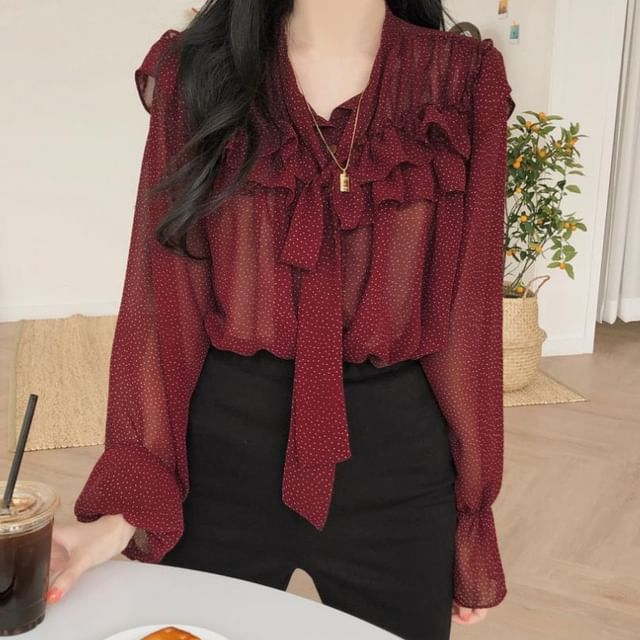 MIKIGA-Puff-Sleeve Dotted Ruffled Blouse