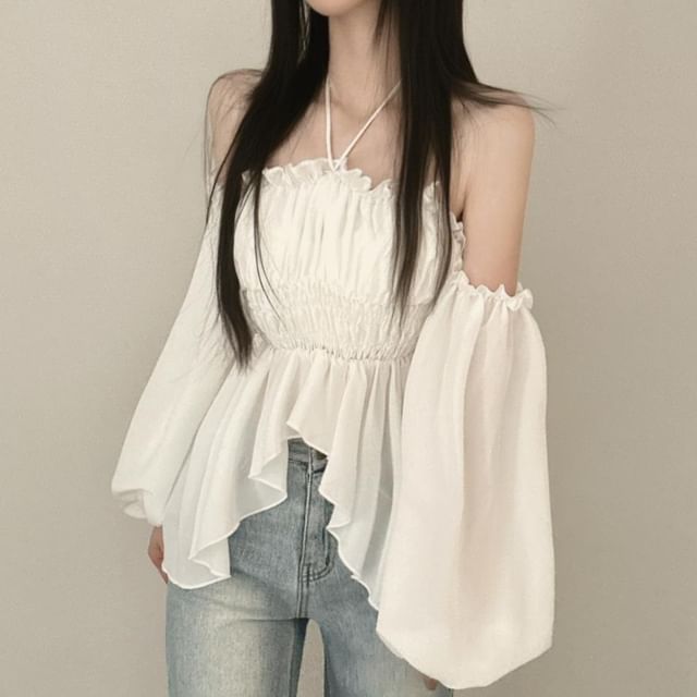MIKIGA-Puff-Sleeve Halter Neck Plain Crop Blouse