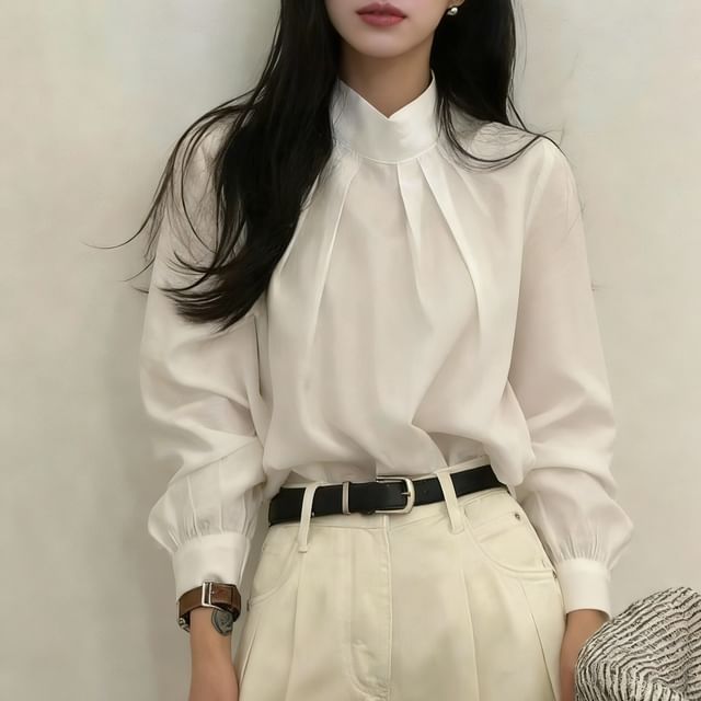MIKIGA-Puff-Sleeve High Neck Plain Shirred Blouse