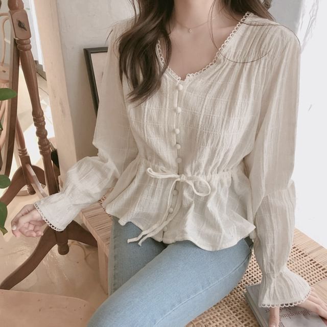 MIKIGA-Puff-Sleeve Lace Trim Plaid Button-Up Blouse