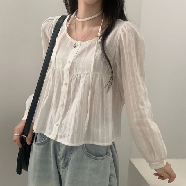 MIKIGA-Puff-Sleeve Plain Button-Up Lace Trim Blouse