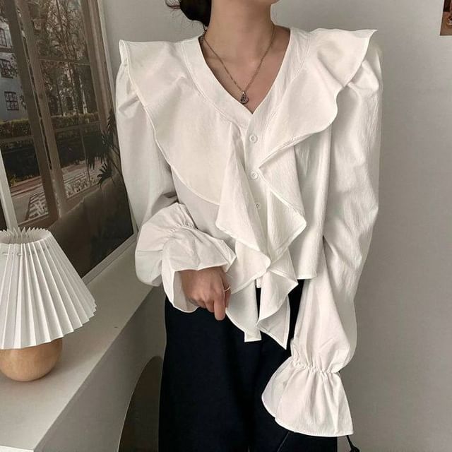 MIKIGA-Puff-Sleeve V-Neck Plain Ruffled Button Detail Blouse