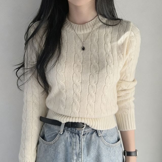 MIKIGA-Round Neck Plain Cable Knit Cropped Sweater