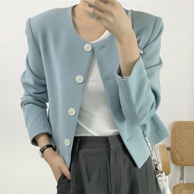 MIKIGA-Round Neck Plain Crop Button Jacket