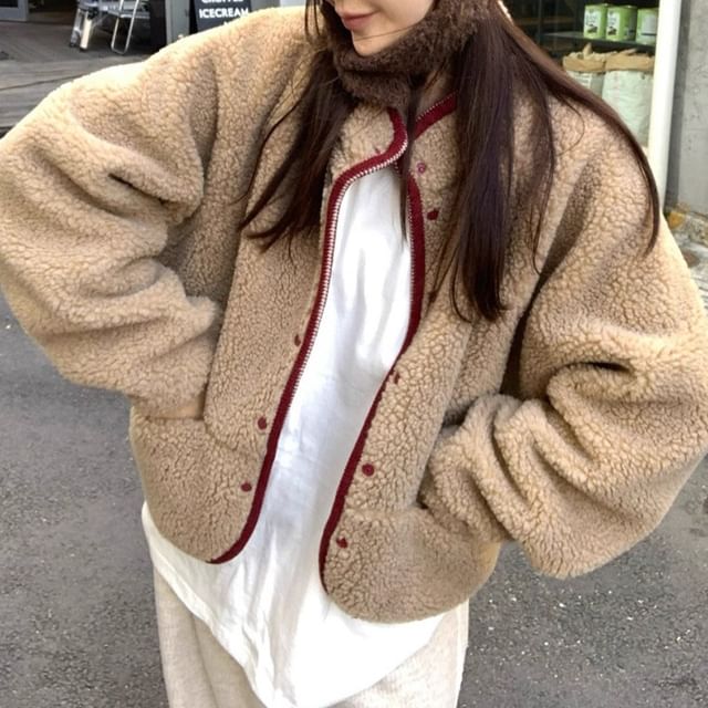 MIKIGA-Round Neck Plain Fleece Button Up Jacket