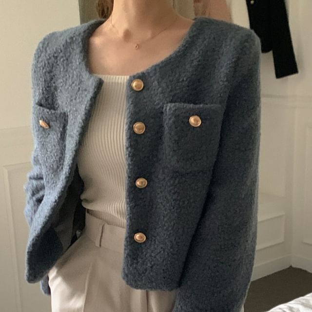 MIKIGA-Round Neck Plain Fleece Crop Button Jacket