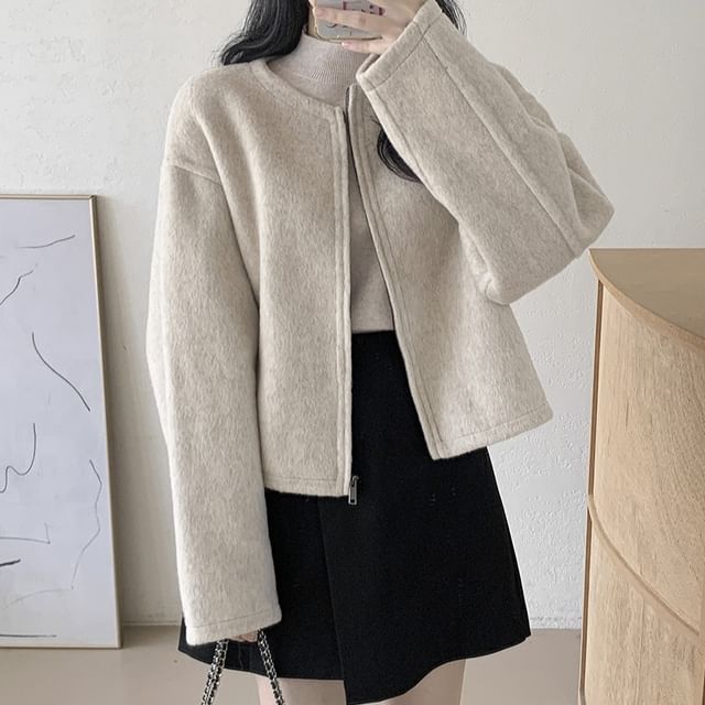 MIKIGA-Round Neck Plain Zip Jacket