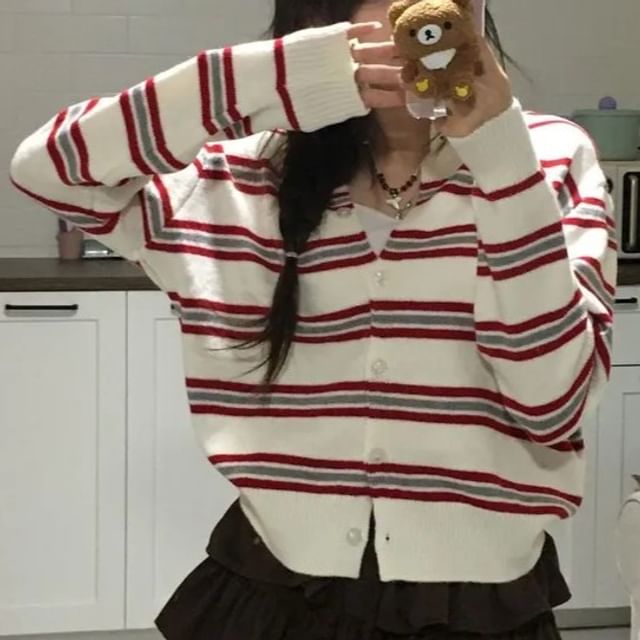 MIKIGA-Round Neck Striped Button Up Cardigan