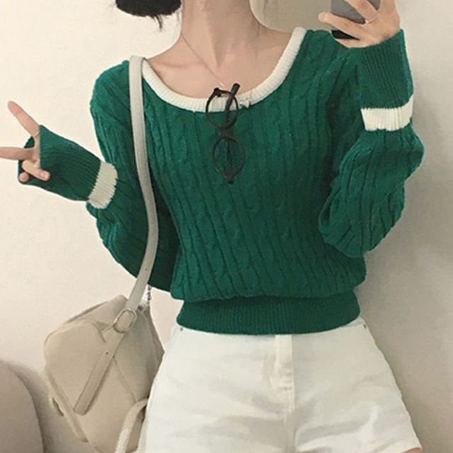 MIKIGA-Scoop Neck Contrast Trim Cable Knit Sweater