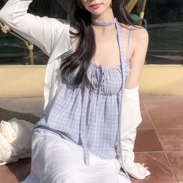 MIKIGA-Scoop Neck Plaid Camisole Top