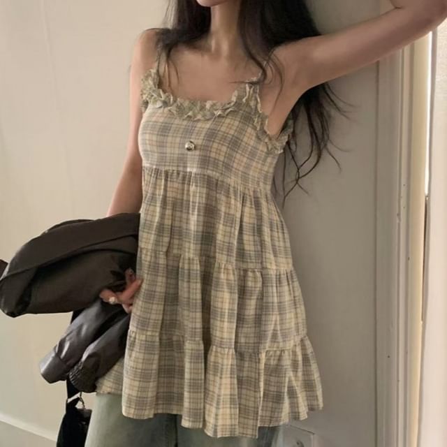 MIKIGA-Scoop Neck Plaid Ruffle Cami Top