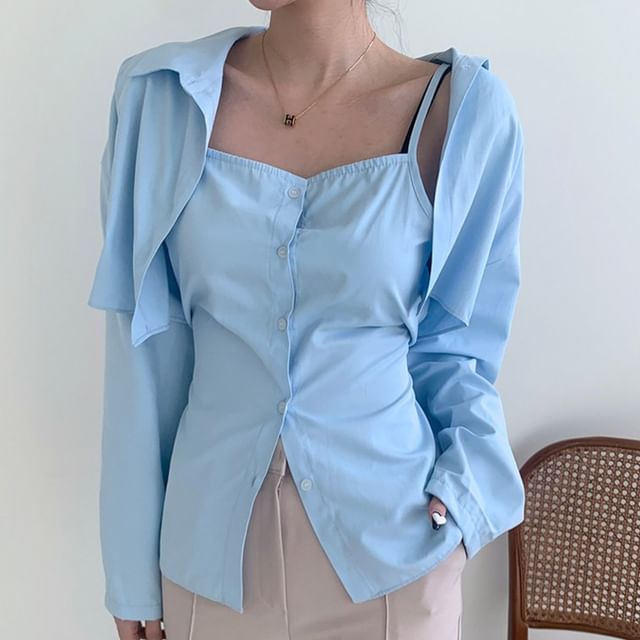 MIKIGA-Set Plain Button-Up Camisole Top Crop Shirt