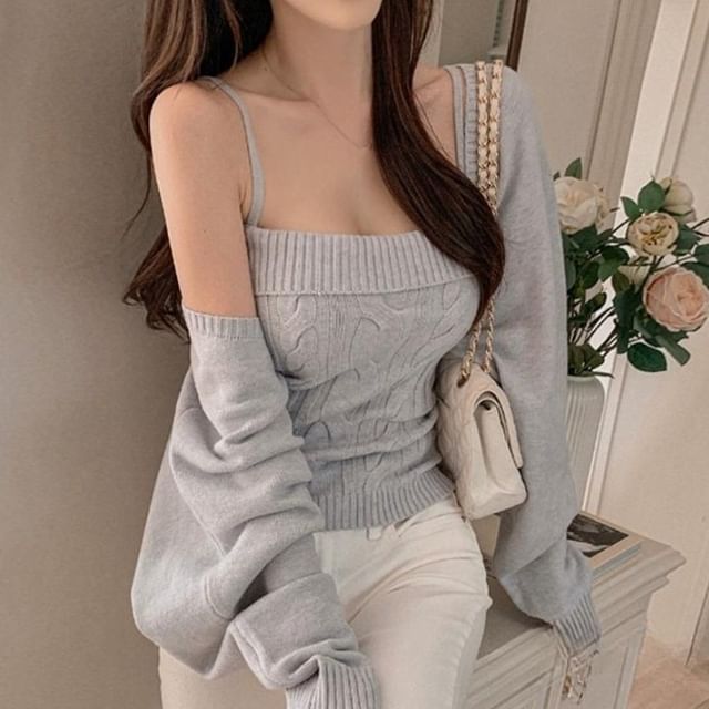 MIKIGA-Set Plain Cardigan Cable-Knit Camisole Top