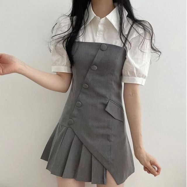MIKIGA-Set Short Sleeve Collared Plain Button Up Shirt Spaghetti Strap Plain Mini A-Line Dress