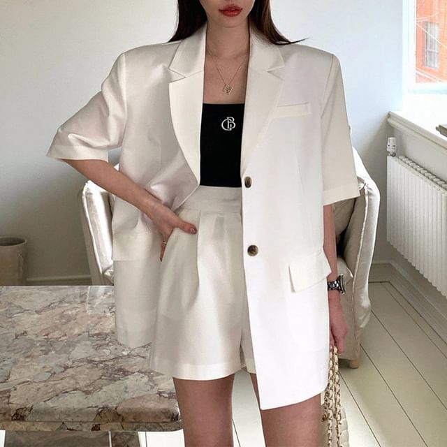 MIKIGA-Set Short-Sleeve Lapel Collar Plain Single Breasted Blazer High Waist Plain Wide Leg Shorts