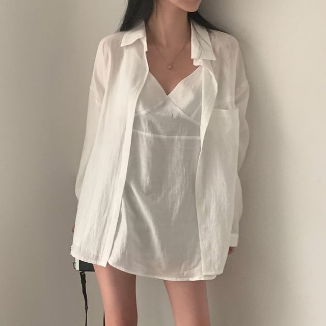 MIKIGA-Set Spaghetti Strap V-Neck Plain Tunic Long-Sleeve Button-Up Shirt