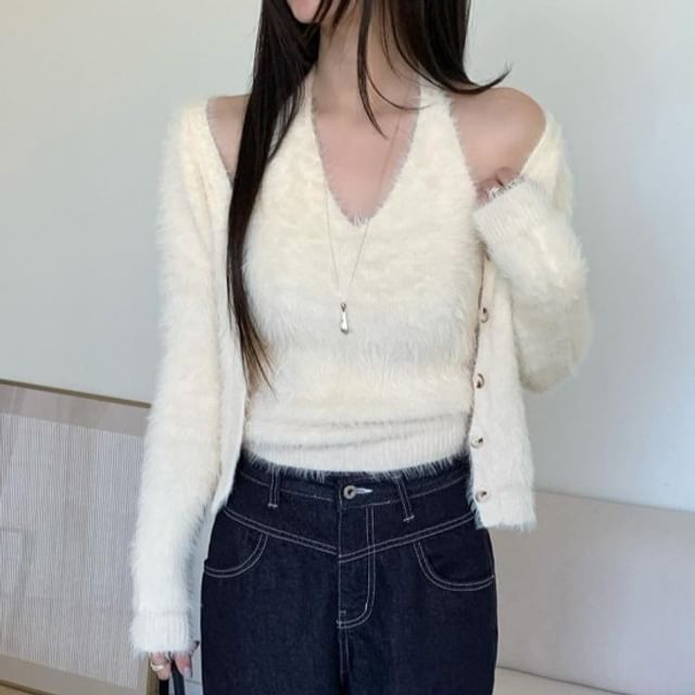 MIKIGA-Set V-Neck Fluffy Button-Up Plain Cardigan Halter Neck Top