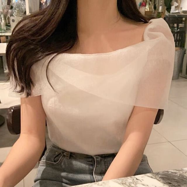 MIKIGA-Short-Sleeve Asymmetrical Neck Plain Mesh Panel Blouse