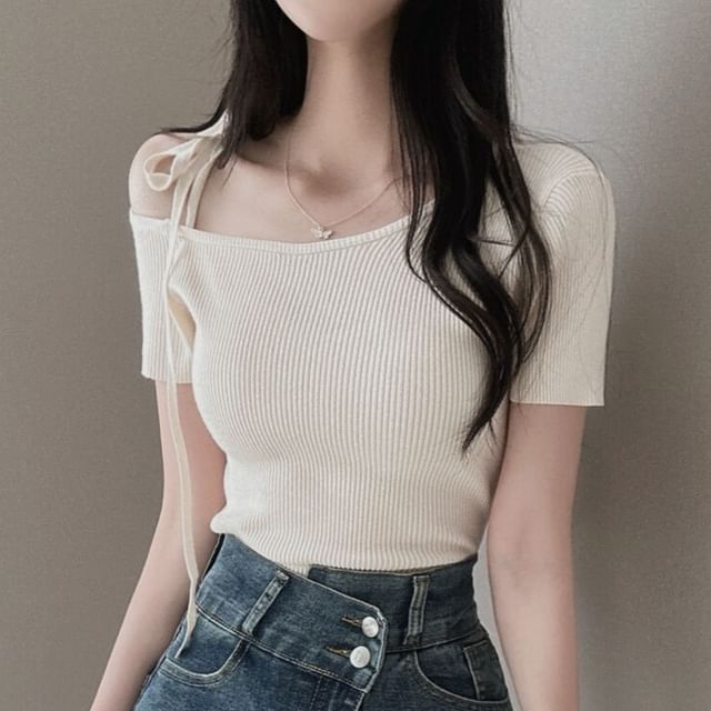 MIKIGA-Short-Sleeve Cold Shoulder Plain Ribbed Knit Top