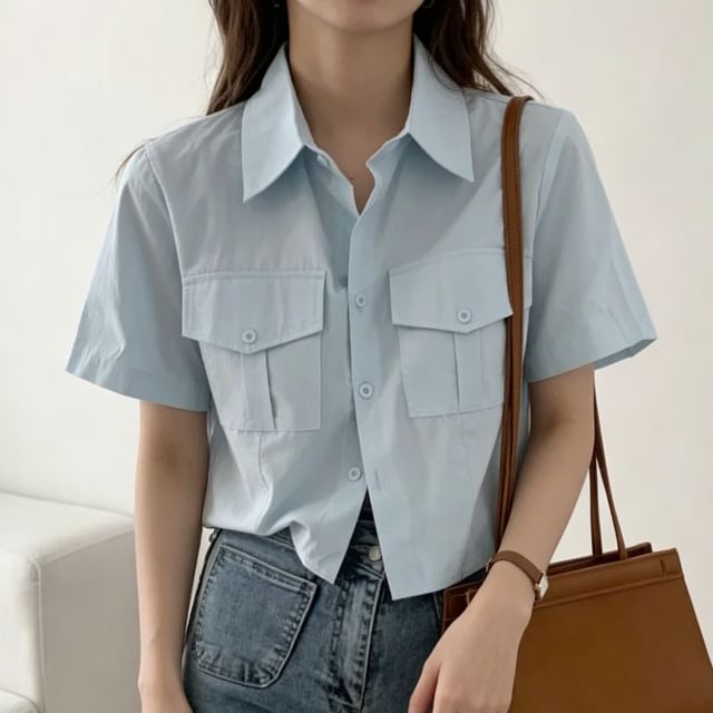 MIKIGA-Short-Sleeve Collared Plain Button Up Crop Shirt