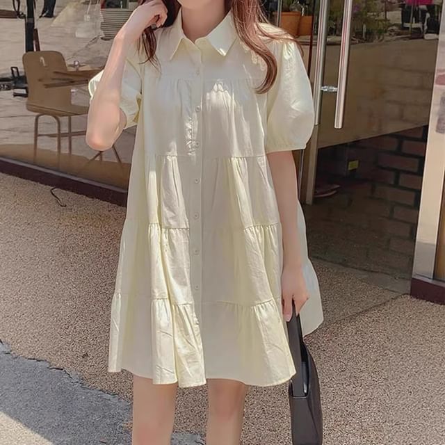 MIKIGA-Short-Sleeve Collared Plain Button Up Mini A-Line Dress