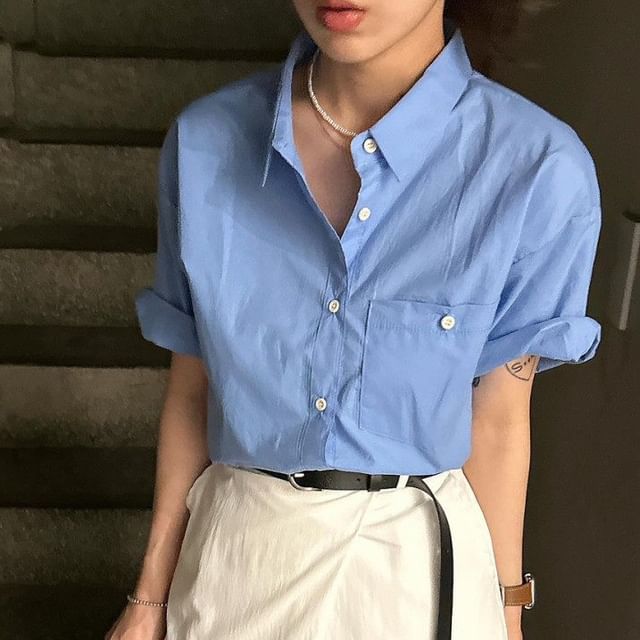 MIKIGA-Short-Sleeve Collared Plain Button Up Shirt