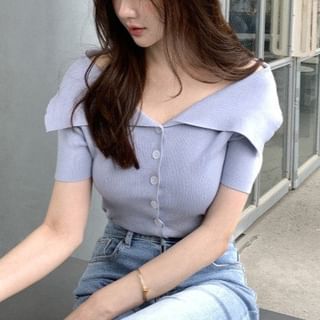 MIKIGA-Short-Sleeve Collared Plain Knit Top