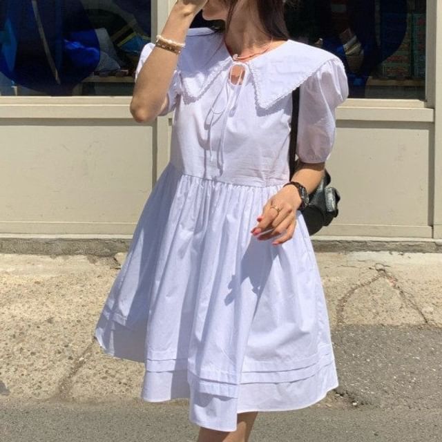 MIKIGA-Short-Sleeve Collared Plain Mini A-Line Dress