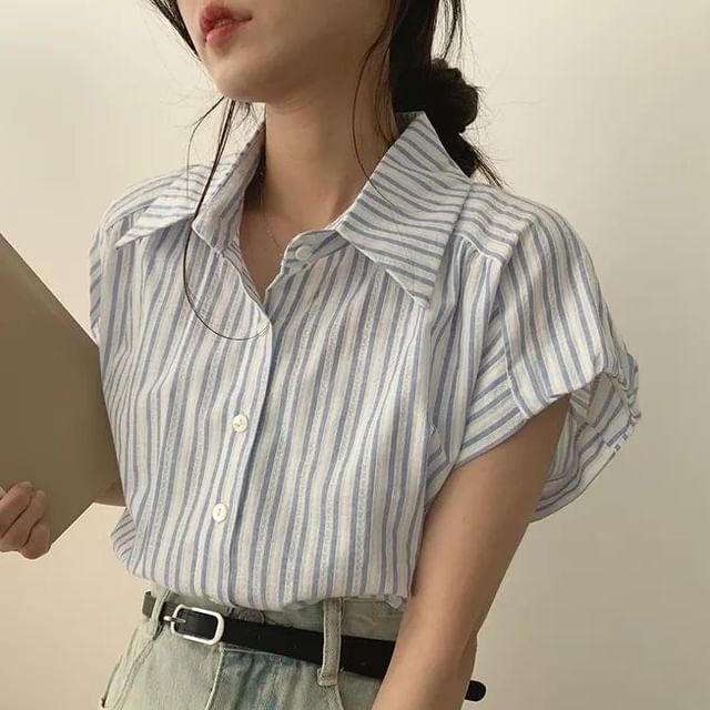 MIKIGA-Short-Sleeve Collared Striped Button Up Shirt