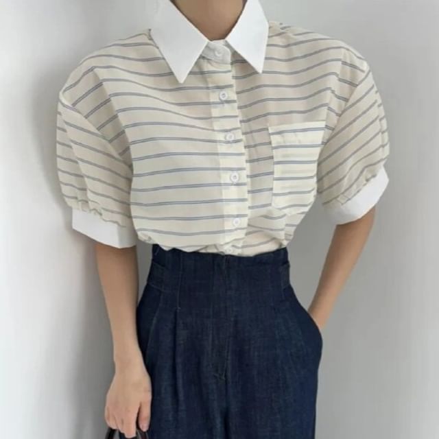 MIKIGA-Short-Sleeve Collared Striped Contrast Trim Button-Up Blouse