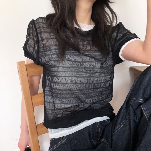 MIKIGA-Short-Sleeve Crew Neck Plain Mesh Top