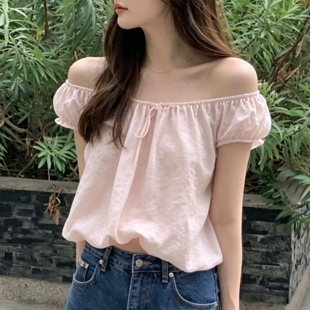 MIKIGA-Short-Sleeve Off Shoulder Plain Crop Top