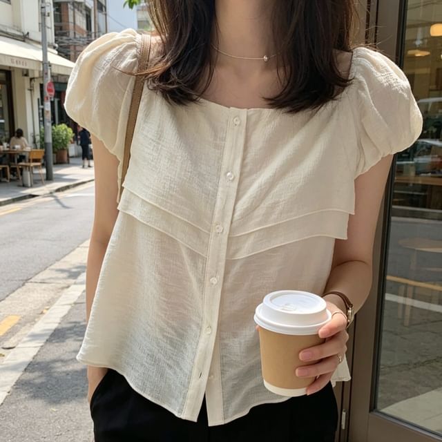 MIKIGA-Short-Sleeve Round Neck Plain Button Up Blouse
