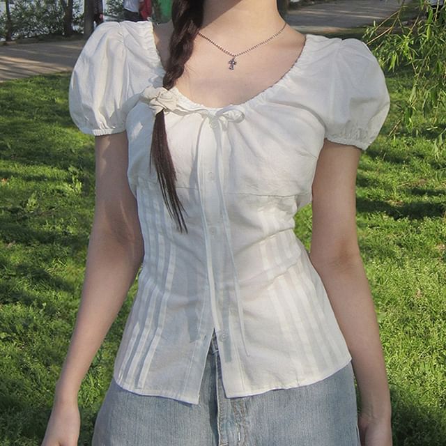 MIKIGA-Short-Sleeve Scoop Neck Plain Pleated Blouse