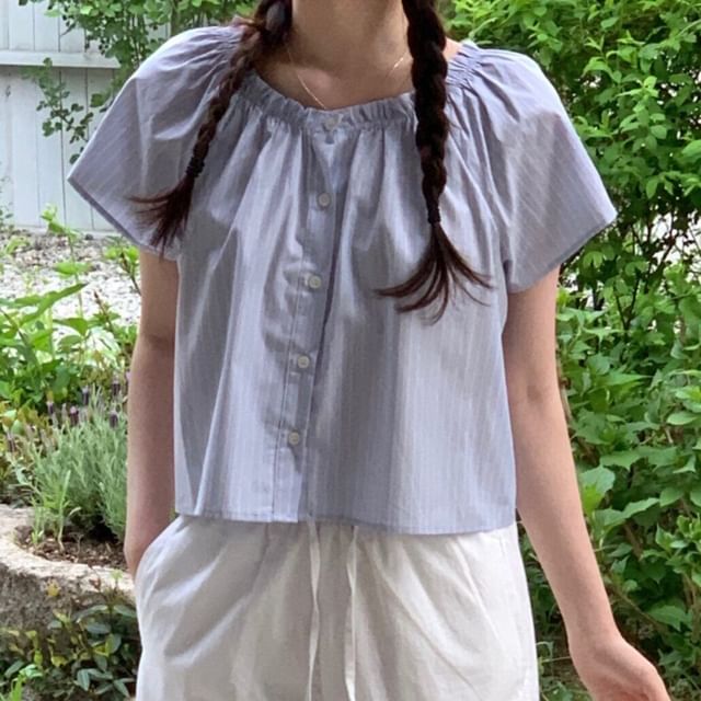 MIKIGA-Short-Sleeve Scoop Neck Striped Button Up Blouse