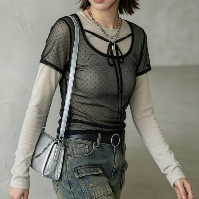 MIKIGA-Short-Sleeve Square Neck Dotted Sheer Crop Top